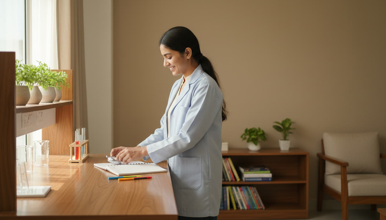 Photo Idea : Student setting up a clean laboratory bench with a stopwatch and a neat notebook