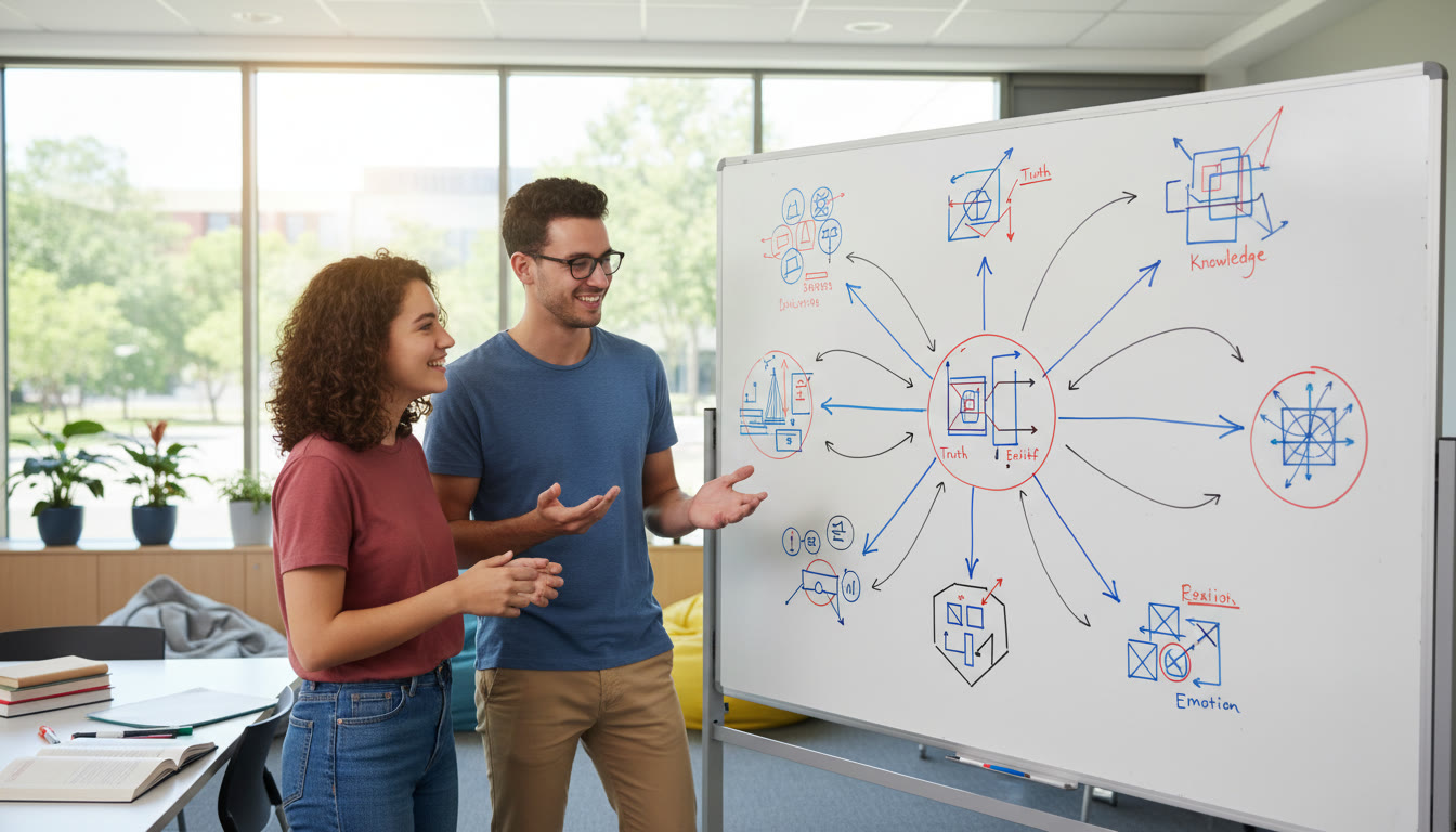 Photo Idea : Two students discussing notes on a whiteboard with TOK keywords and arrows connecting ideas