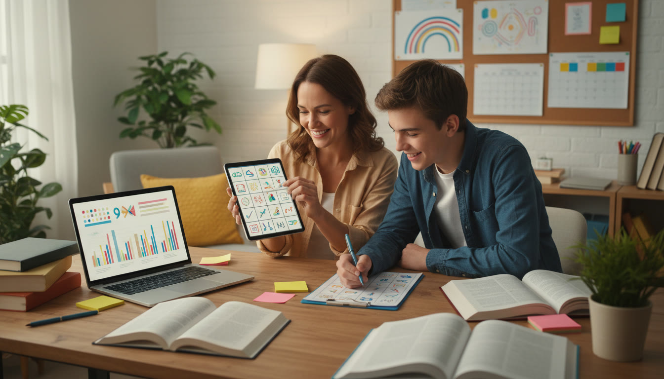Photo Idea : A focused study space with notes, a laptop open to a study plan and a parent reviewing a checklist with their child