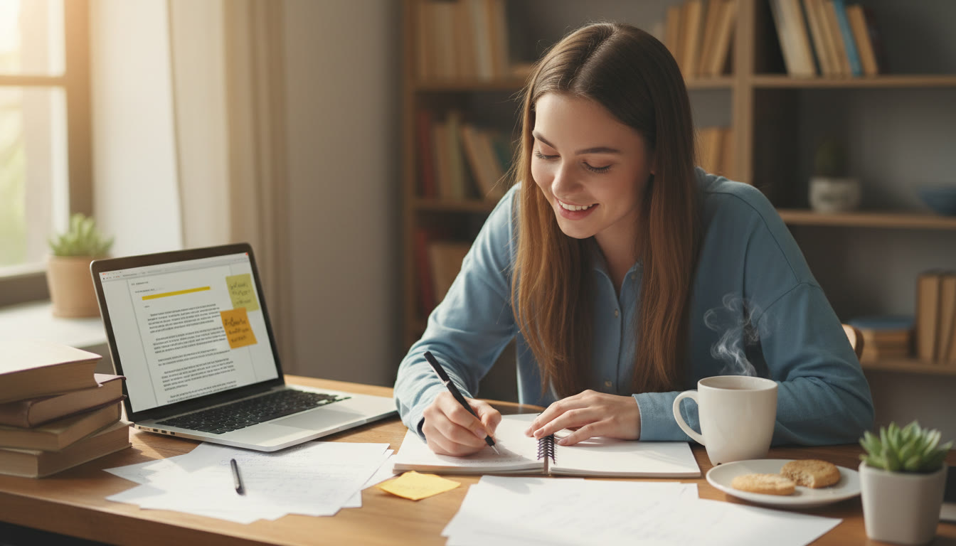 Photo Idea : Student annotating a thick notebook beside a laptop with highlighted notes and a cup of tea