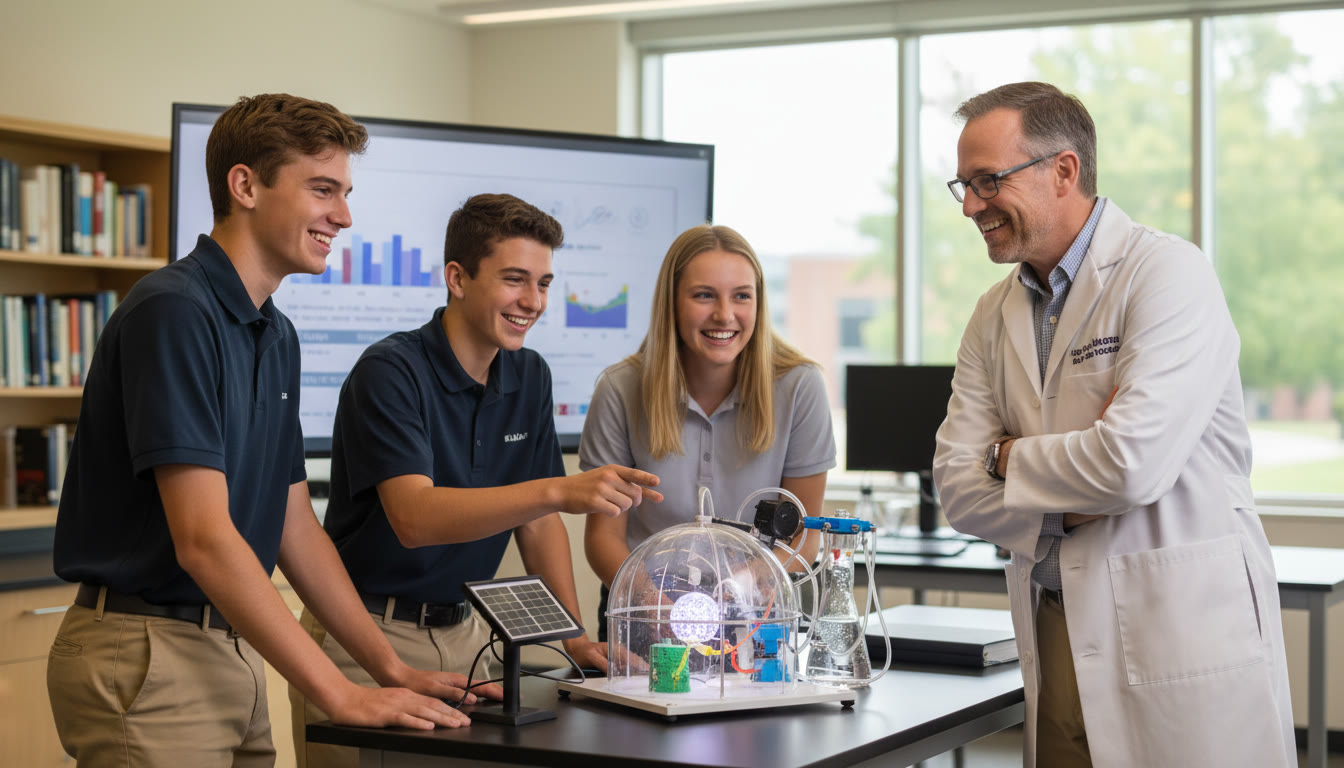 Photo Idea : small group of IB students presenting a science project to a mentor