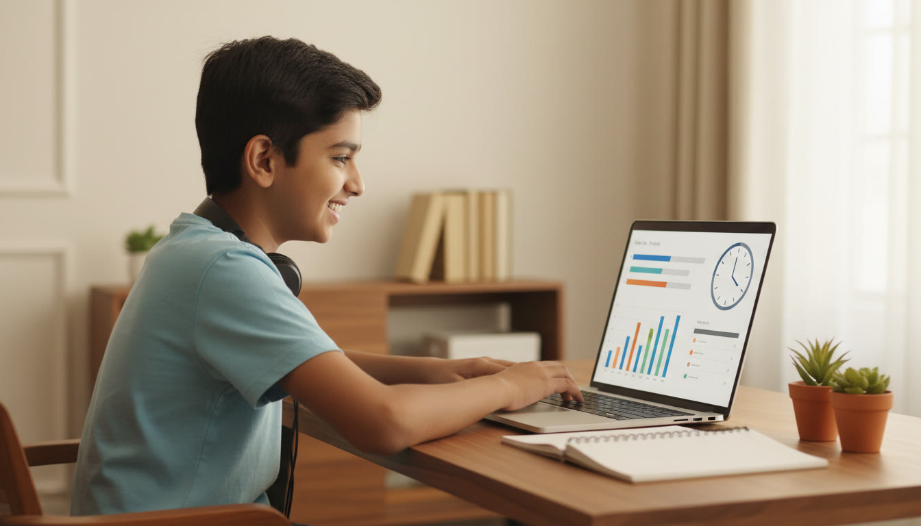 Photo Idea : A student at a laptop taking a timed mock test with a visible on-screen timer and notebook beside