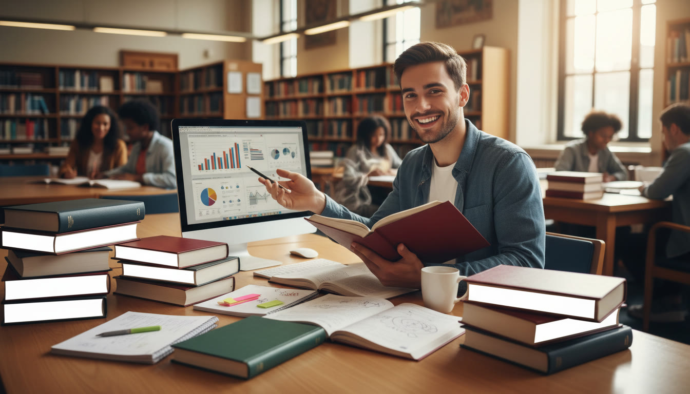 Photo Idea : A student researching in a library, surrounded by law reports, academic journals and handwritten notes