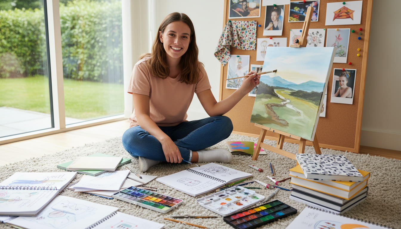 Photo Idea : A student surrounded by open notebooks and art supplies, smiling while working on a project