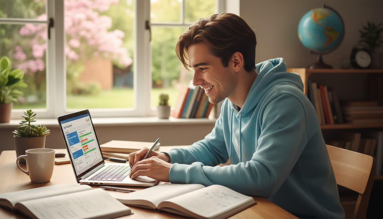 Photo Idea : A focused student at a desk with notebooks and a laptop open to an application form