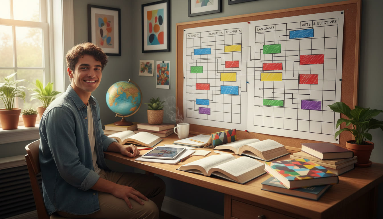 Photo Idea : A student at a desk with a color-coded calendar and textbooks spread out, mapping a two-year plan