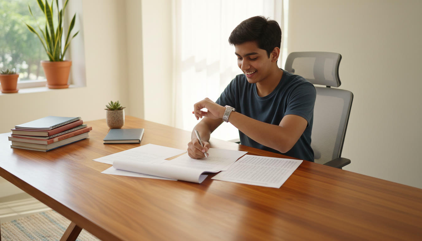 Photo Idea : Student doing a timed mock test with a watch and answer sheet nearby