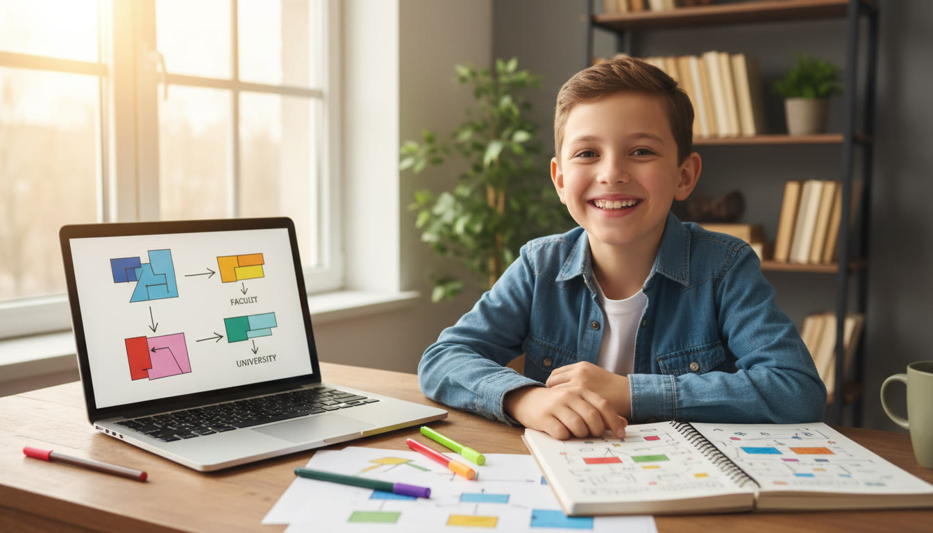 Photo Idea : Student at a desk mapping IB subjects to a UK university course with a laptop and handwritten notes