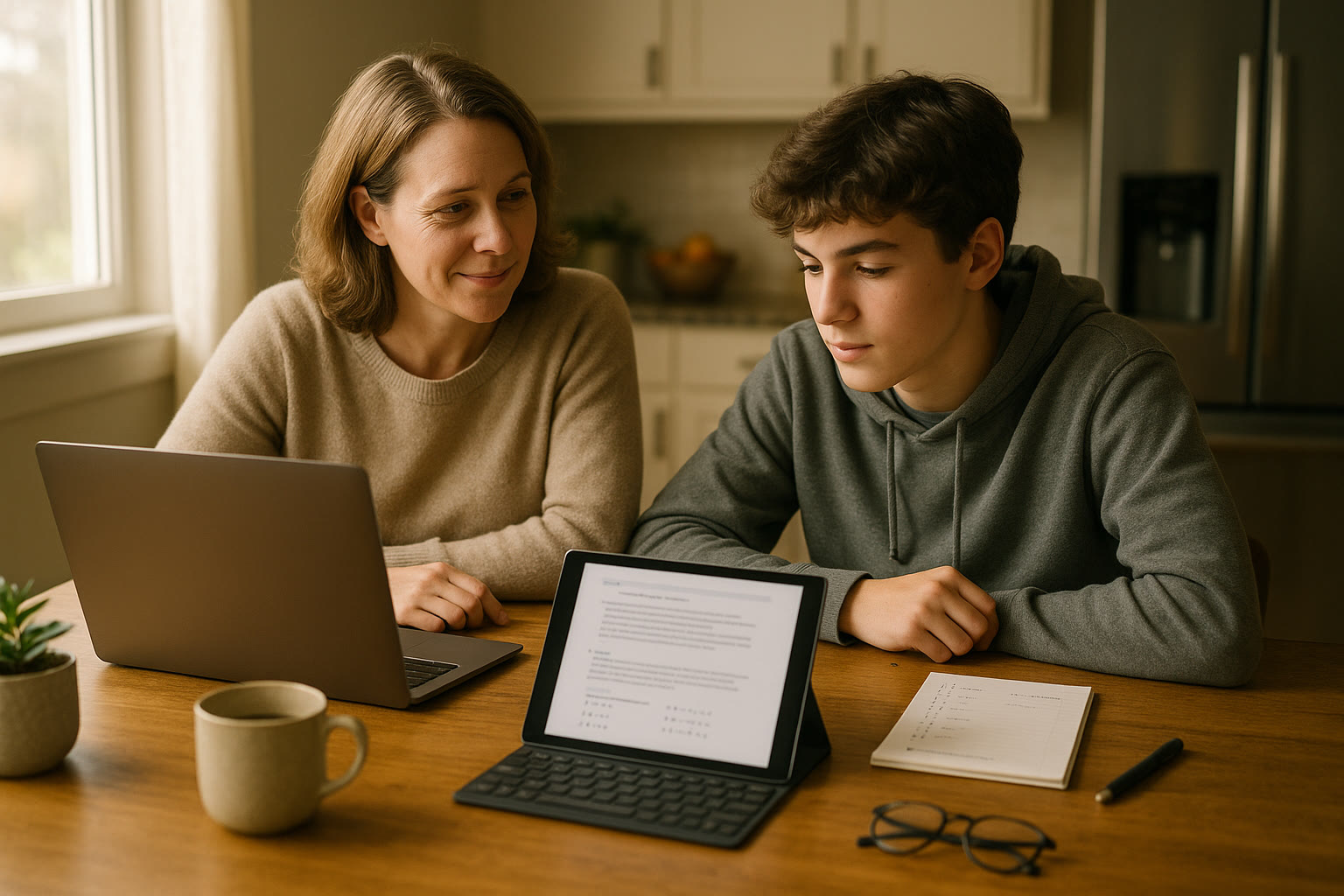 Photo Idea : A parent and teen sitting at a kitchen table with a laptop open, a tablet showing practice problems, and a notepad with a checklist—natural light, relaxed atmosphere.