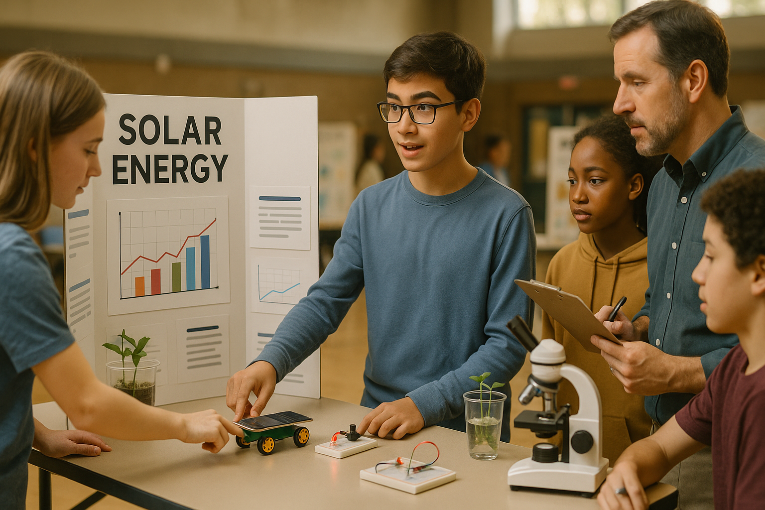 Photo Idea : A student presenting a science fair poster to a small group, showing hands-on work and engagement — ideal to illustrate project-based evidence of academic readiness.