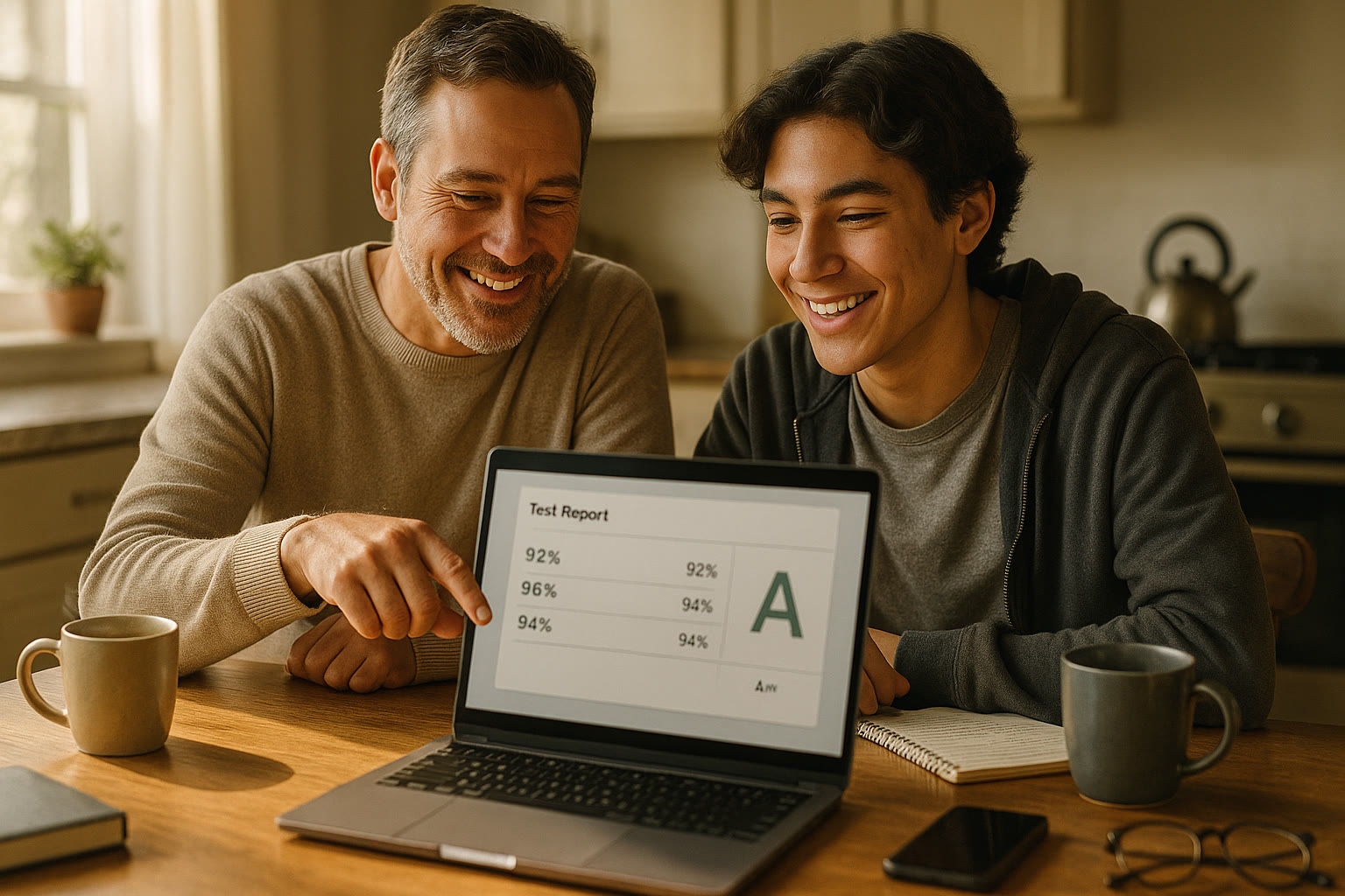 Photo Idea : A relaxed kitchen table scene — parent and teen looking at test scores on a laptop, coffee and notebooks nearby, natural morning light.