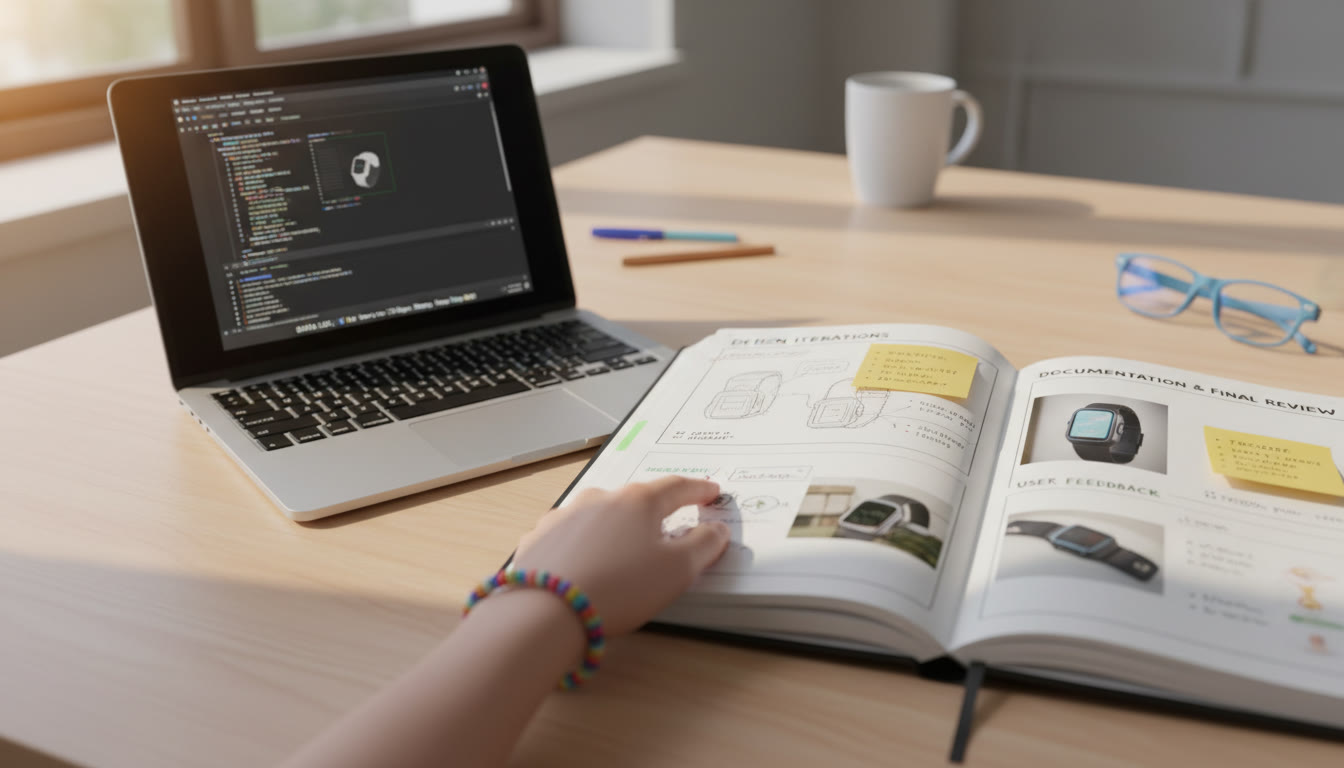 Photo Idea : Close-up of a student’s Personalized Project Reference spread open beside a laptop showing the running program — suggests the connection between documentation and demonstration, placed near the section about documentation and final review.