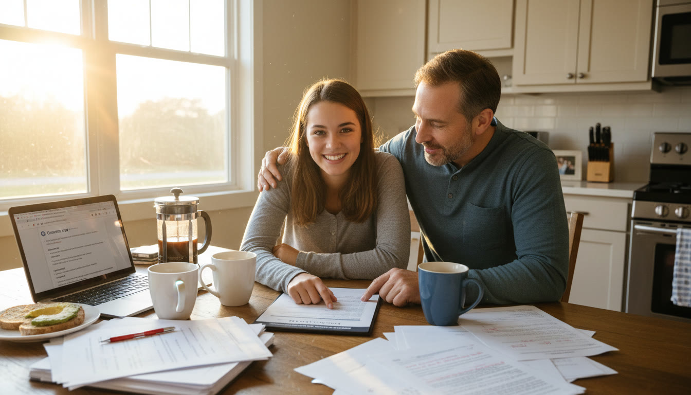Photo Idea : A parent and student reviewing an application checklist at a kitchen table with printed essays, a laptop, and coffee — bright morning light to emphasize collaboration.