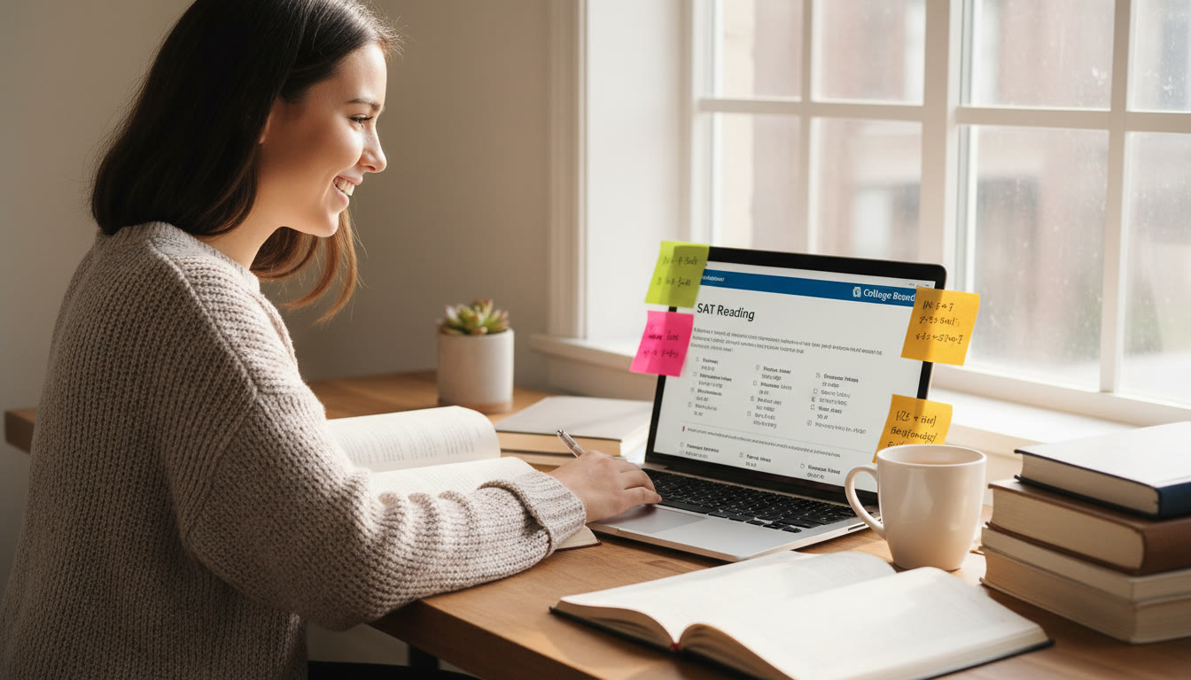 Photo Idea : A focused student studying at a desk with a laptop displaying practice SAT questions; natural light, sticky notes, and a cup of tea to suggest long-term, calm preparation.