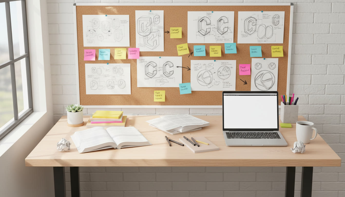 Photo Idea : A bright, student workspace showing a sequence of paper sketches pinned on a wall with sticky notes explaining decisions — top-down photographic composition.