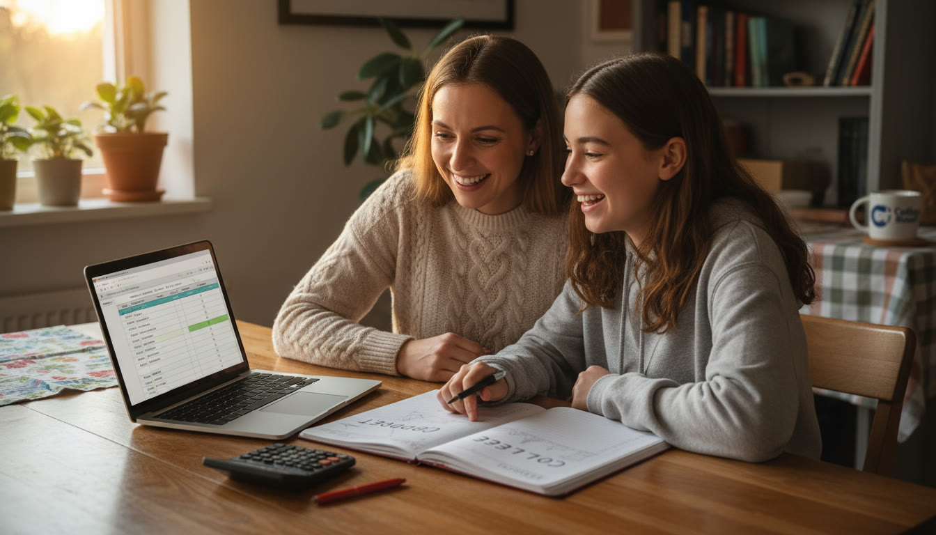 Photo Idea : A parent and teen at a kitchen table with a laptop and a notebook, smiling while making a budget together — warm evening light, realistic, cozy family scene.