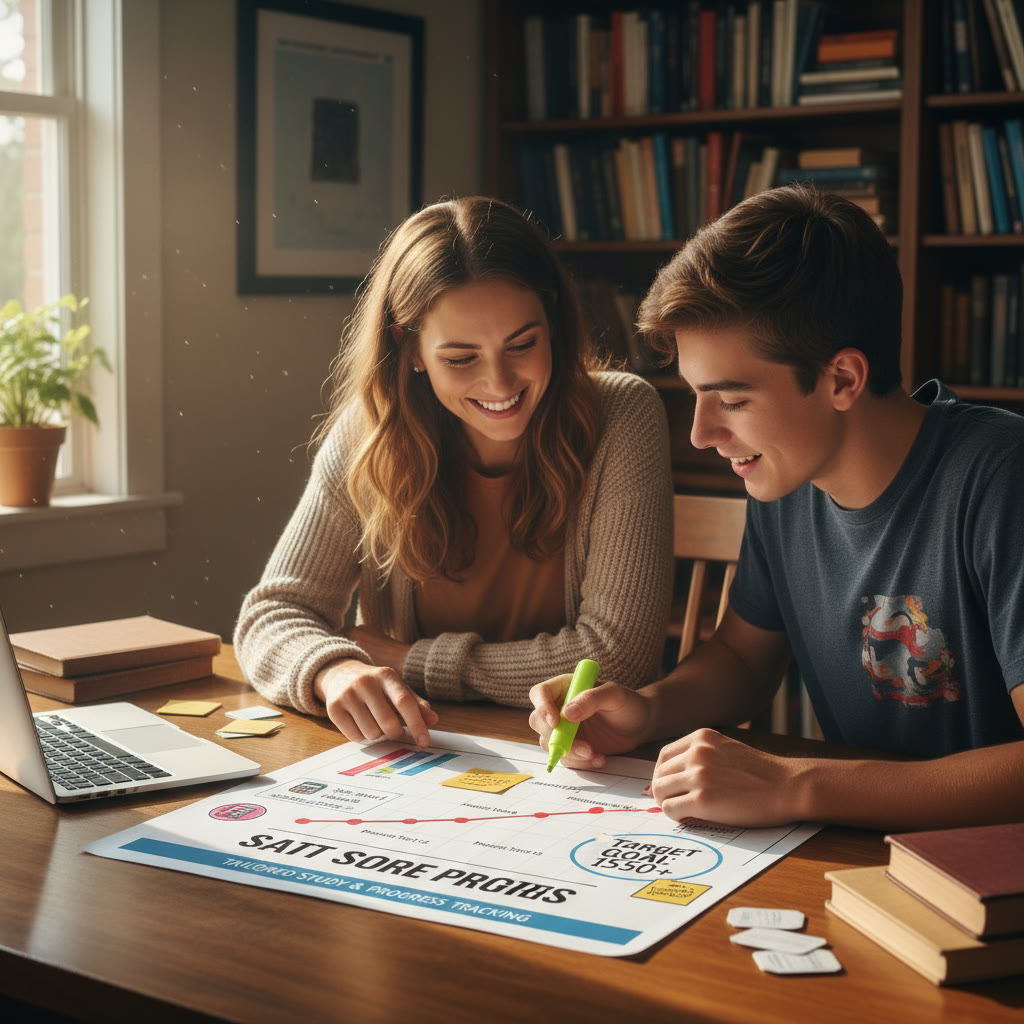 Illustration idea: A friendly tutor and student working together over a chart of a student’s score progress, with notes showing targeted goals and milestones—visualizes tailored study and progress tracking.