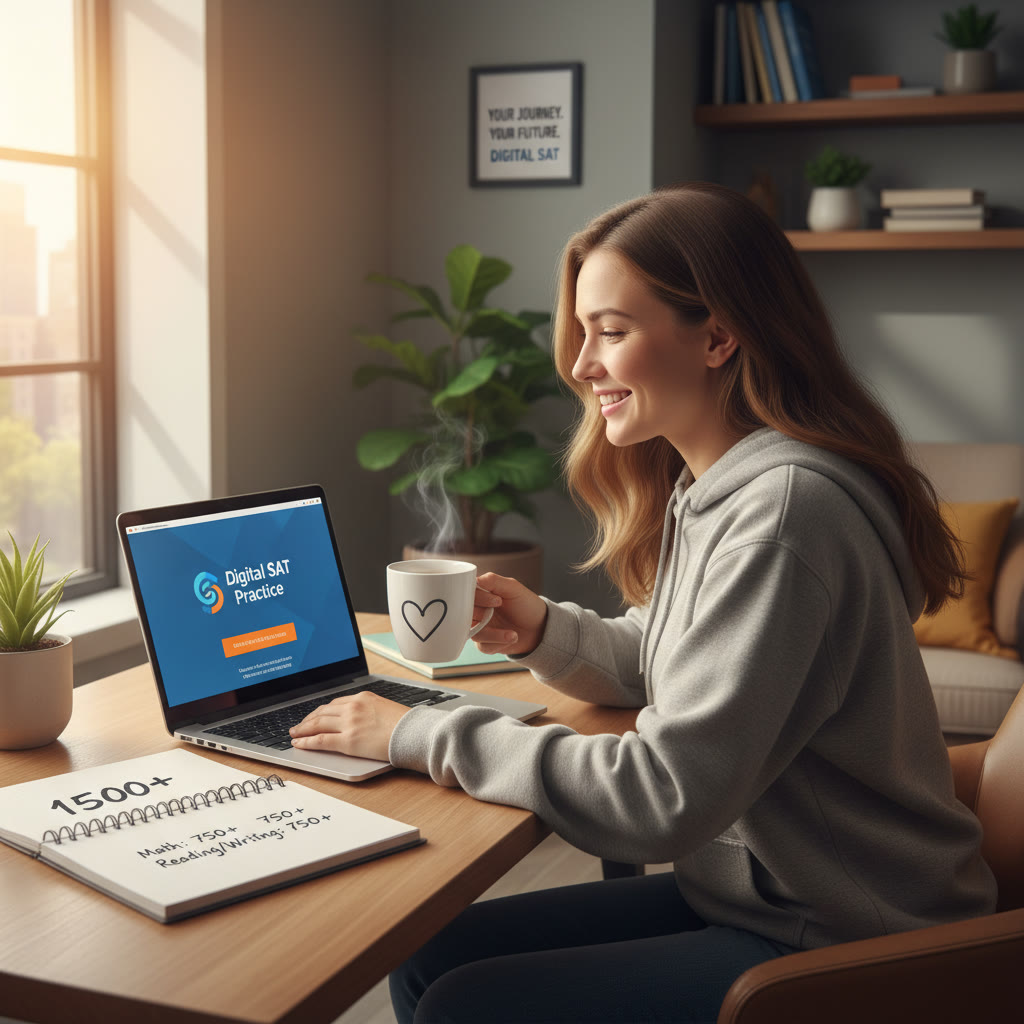 Photo Idea : A calm study scene with a high school student using a laptop for official Digital SAT practice, a notebook with target scores written, and a parent offering supportive coffee—natural light, warm tones.