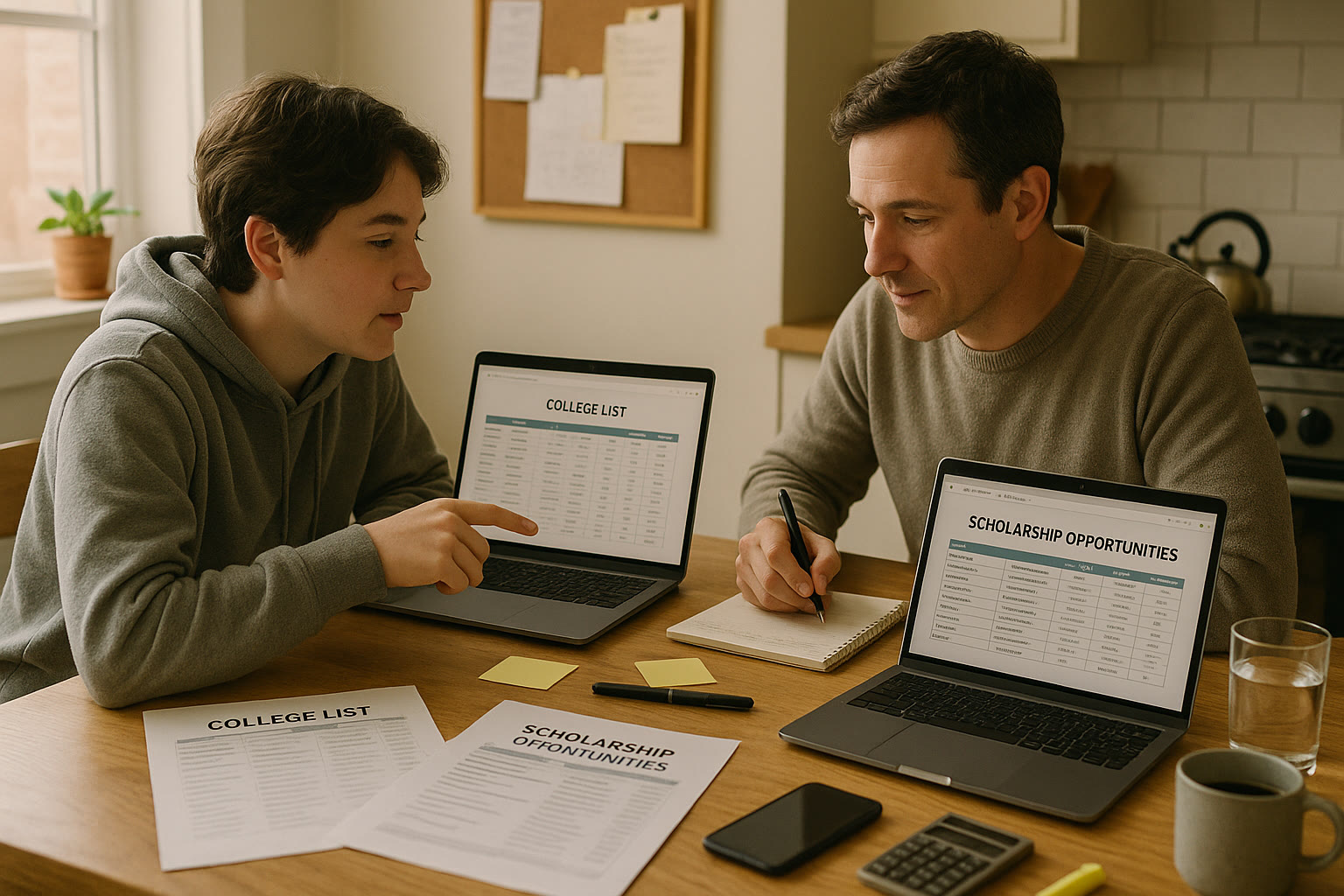 Photo Idea : A student and parent reviewing college lists and scholarship options at a kitchen table, laptops open, planning next steps together.