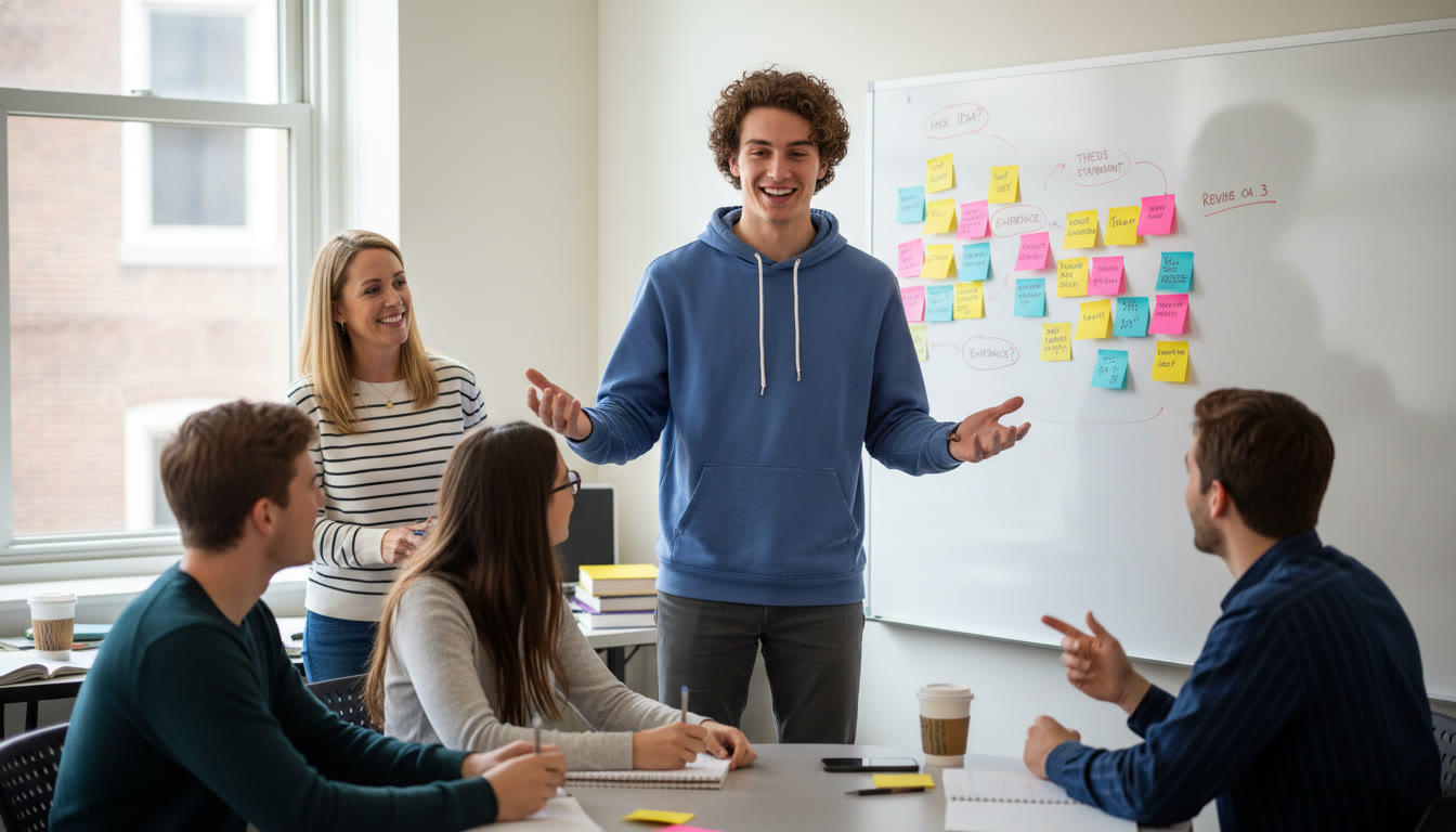 Photo Idea : A small group workshop setting where a student presents to peers and a tutor, with sticky notes on a whiteboard — conveys rehearsal, feedback, and iterative improvement.