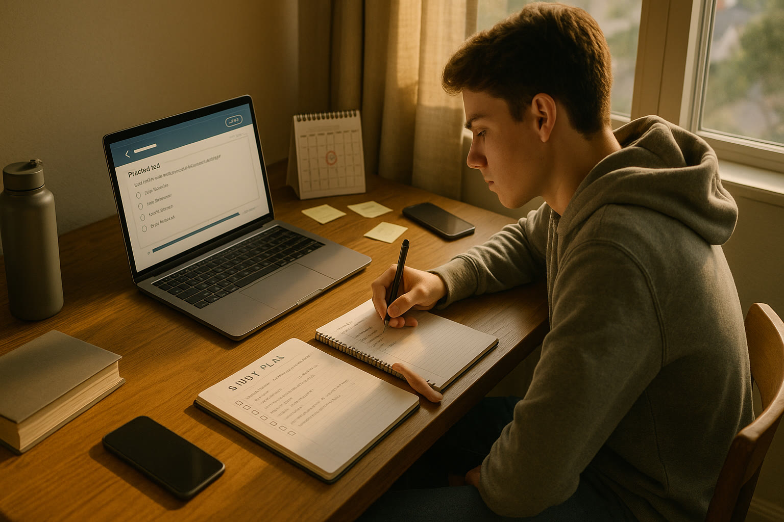 Photo Idea : A motivated high school student sitting at a desk with a laptop running an official practice test app, a notebook with a tidy study plan, and a calendar showing test dates—natural, warm daylight through a window.