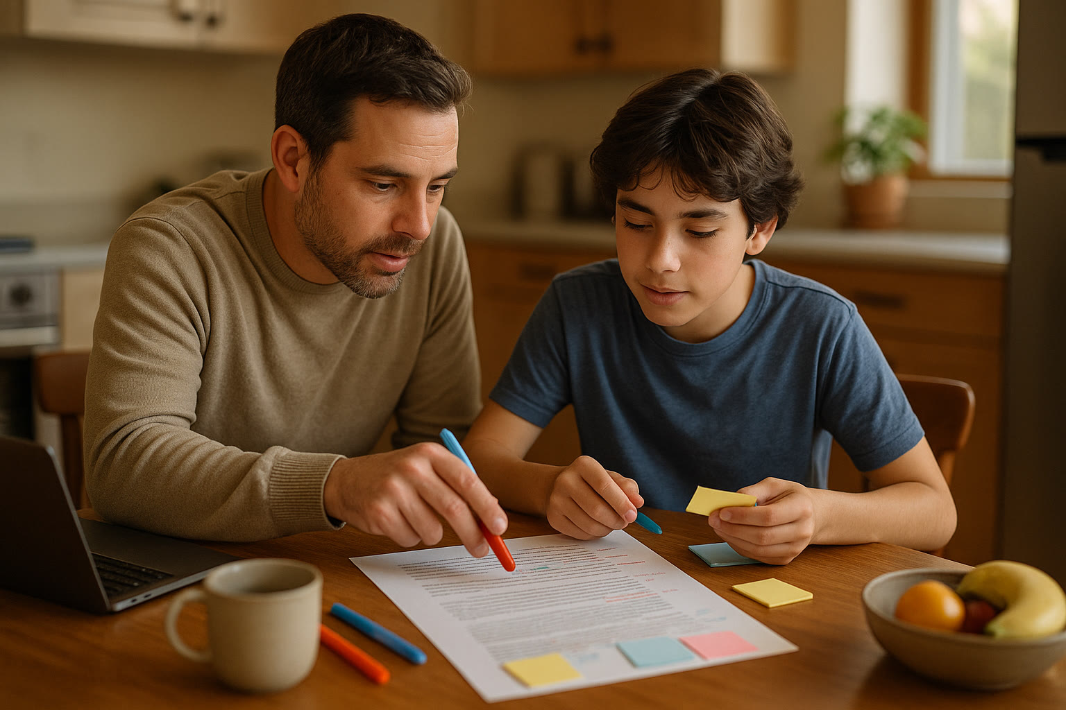 Photo Idea : A parent and student at a kitchen table, reviewing a printed rough draft together with colored pens and sticky notes—an image that captures collaborative revision and supportive guidance.