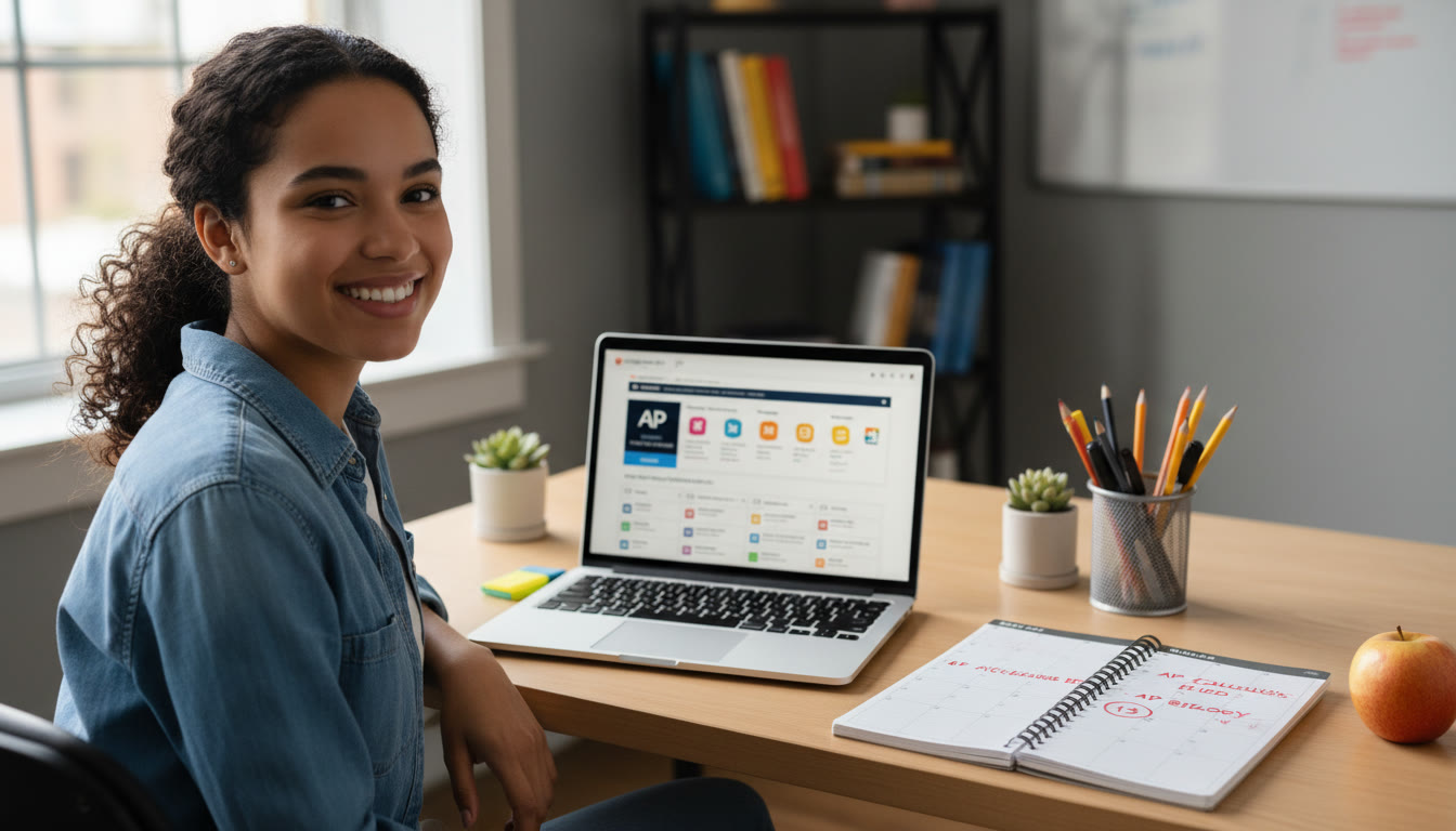 Photo Idea : A confident student at a clean desk, laptop open with test prep materials and a calendar marked with test dates   conveys planning and calm.
