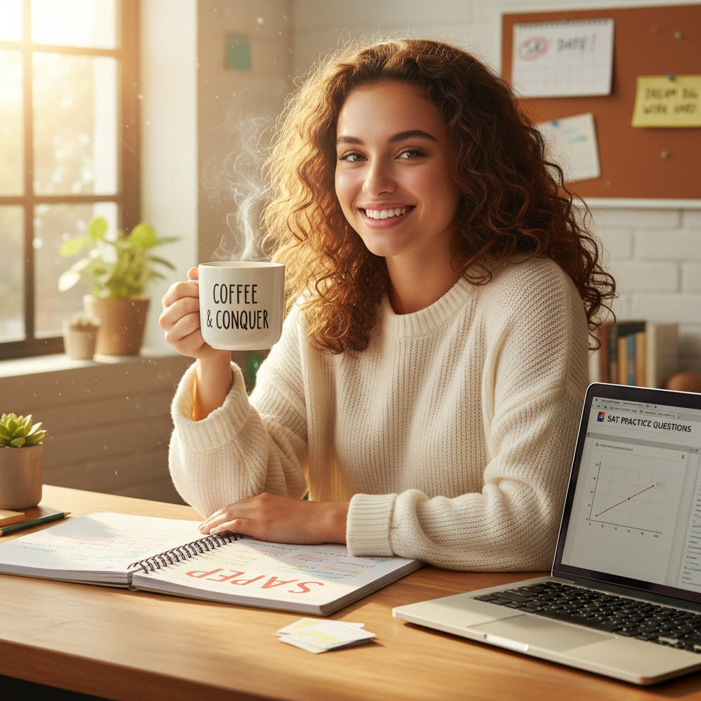 Student at a sunlit desk with a notebook, a mug of coffee, and a laptop; morning light through a window.