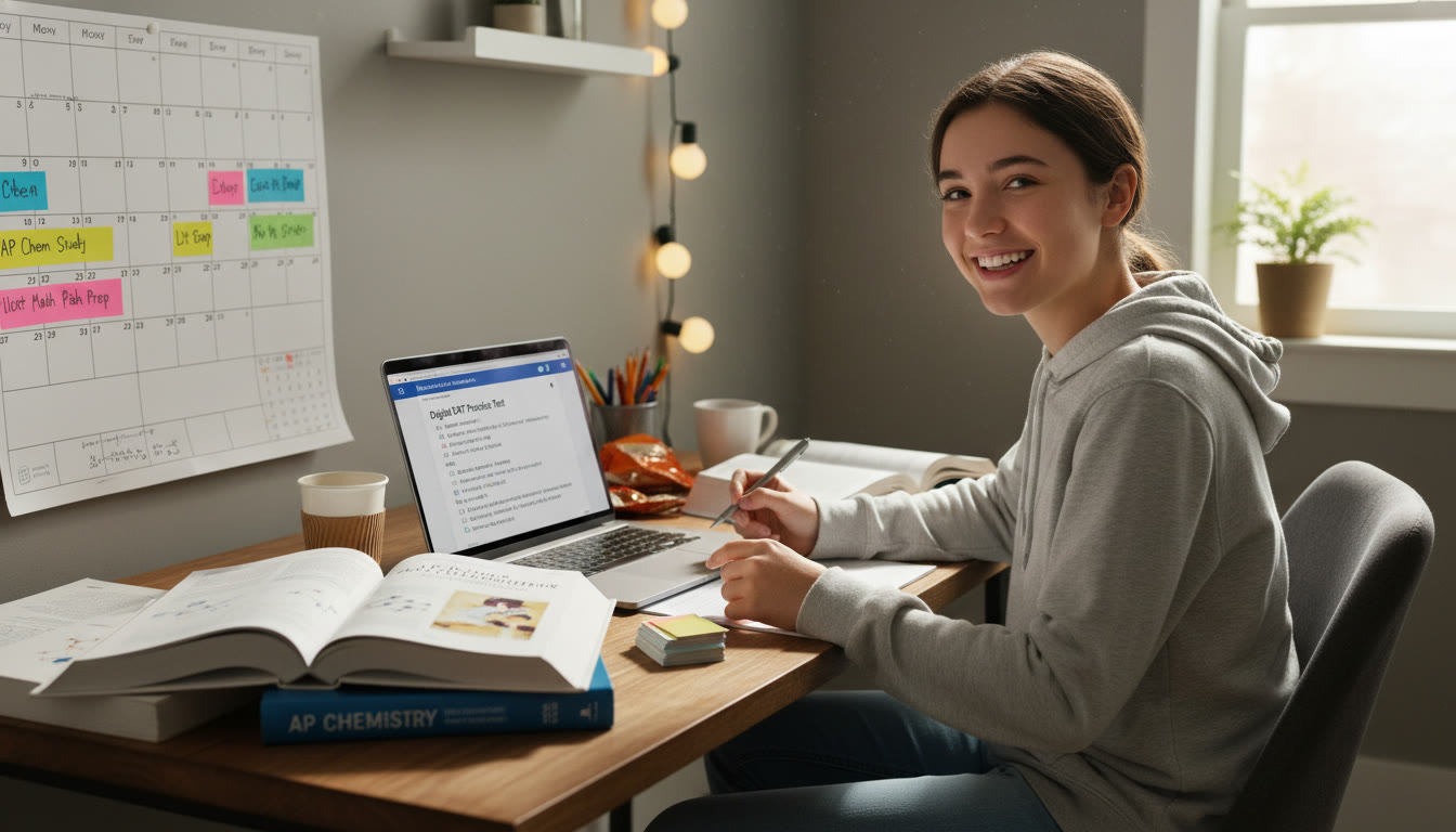 Photo Idea : A high school student at a desk with textbooks (AP Chemistry, AP Literature), a laptop displaying a Digital SAT practice section, and a calendar with study blocks capturing the theme of balancing AP coursework and SAT prep.