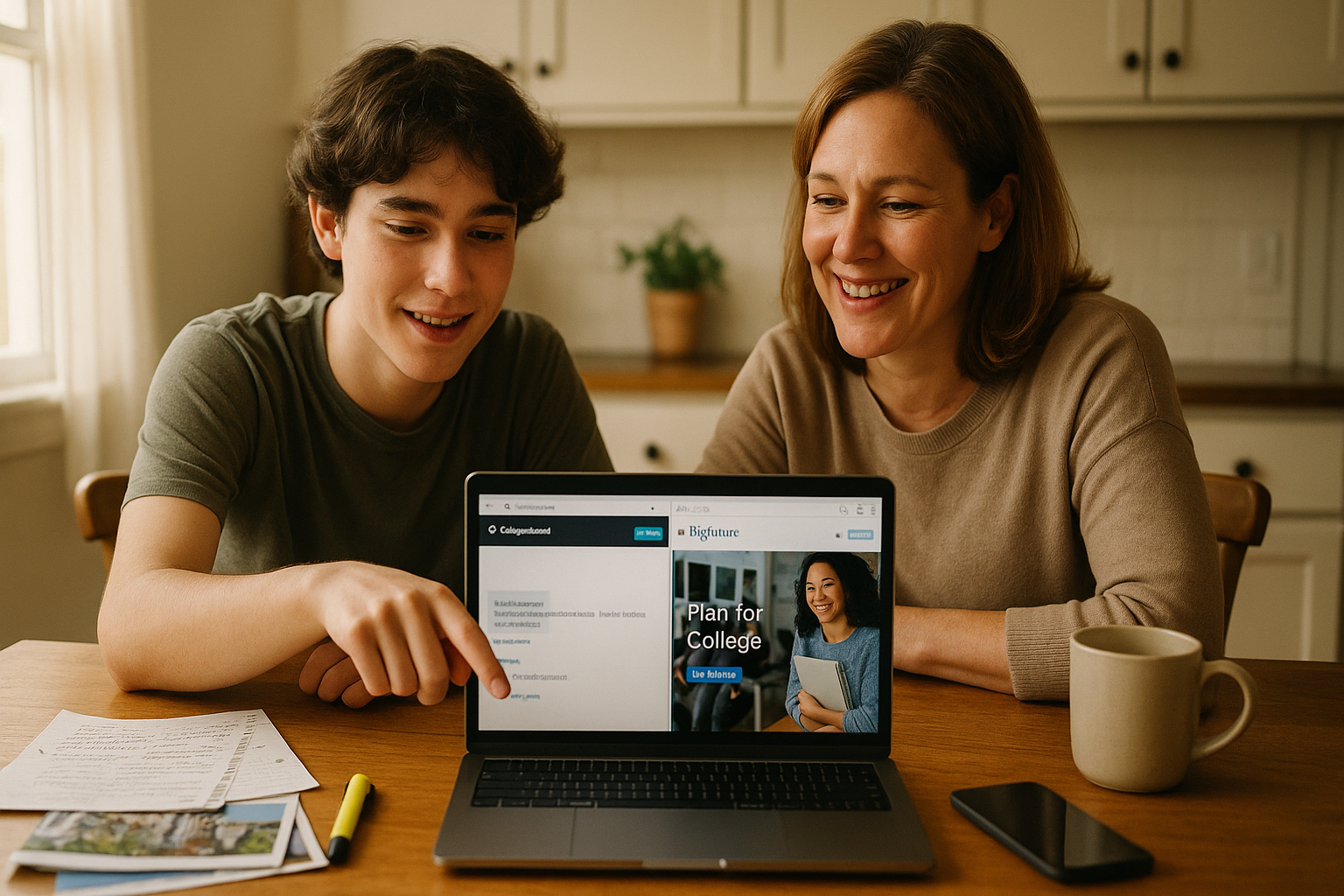 Photo Idea : A relaxed student and parent sitting at a kitchen table with a laptop open, CollegeBoard and BigFuture pages visible on screen, with study notes nearby—natural light, warm tones.