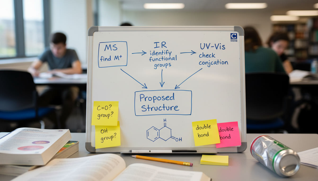 Photo Idea : Mid-article image of a small whiteboard with a student-drawn flowchart: MS → find M+, IR → identify functional groups, UV-Vis → check conjugation, culminating in proposed structure. Include sticky notes and a pencil to show active problem-solving.
