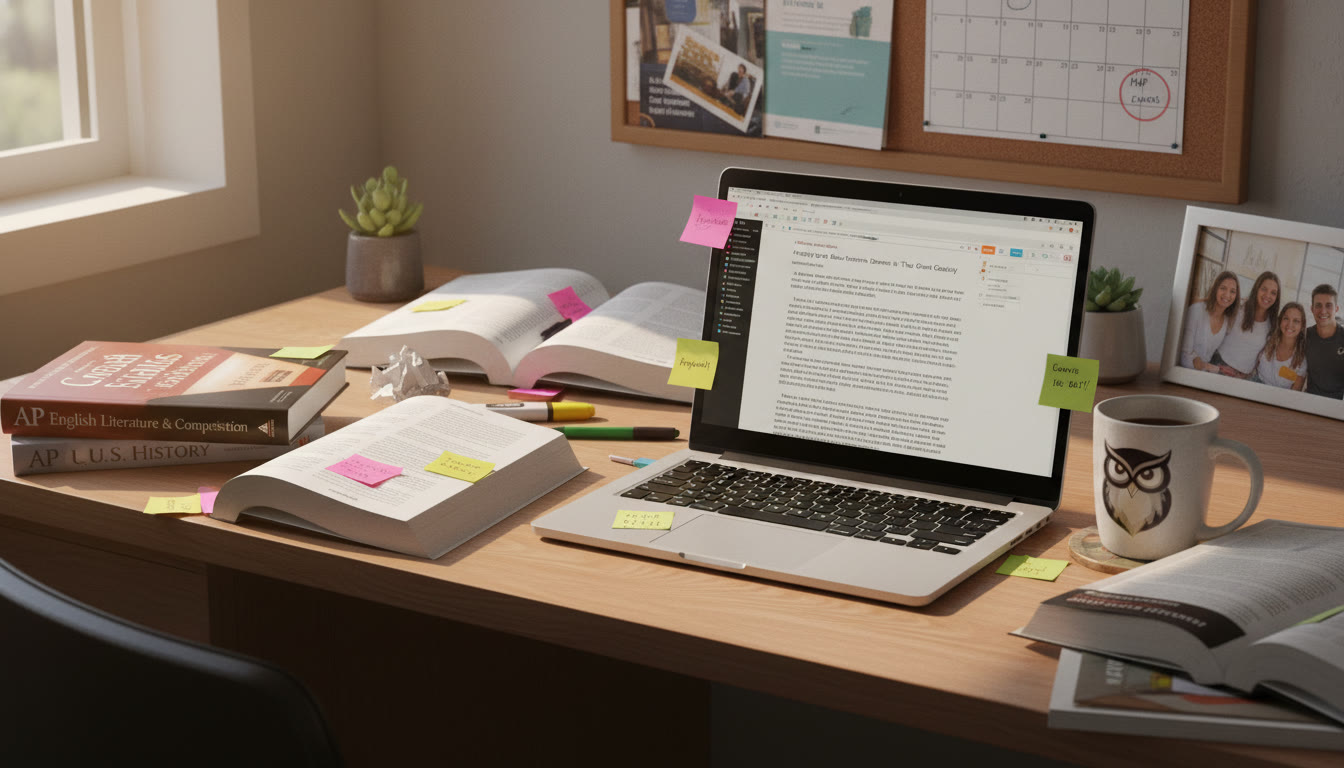 Photo Idea : A sunlit study desk strewn with AP textbooks, sticky notes, a laptop displaying a draft essay, and a coffee cup — signaling focused, realistic study for AP-to-college transition.