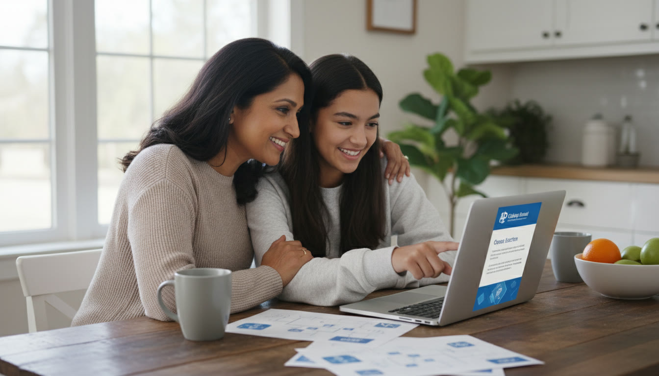 Photo Idea : A calm, smiling parent and teen sitting at a kitchen table with a laptop, the teen pointing at the screen. This image would sit near the top to visually reassure parents that the process is manageable and collaborative.