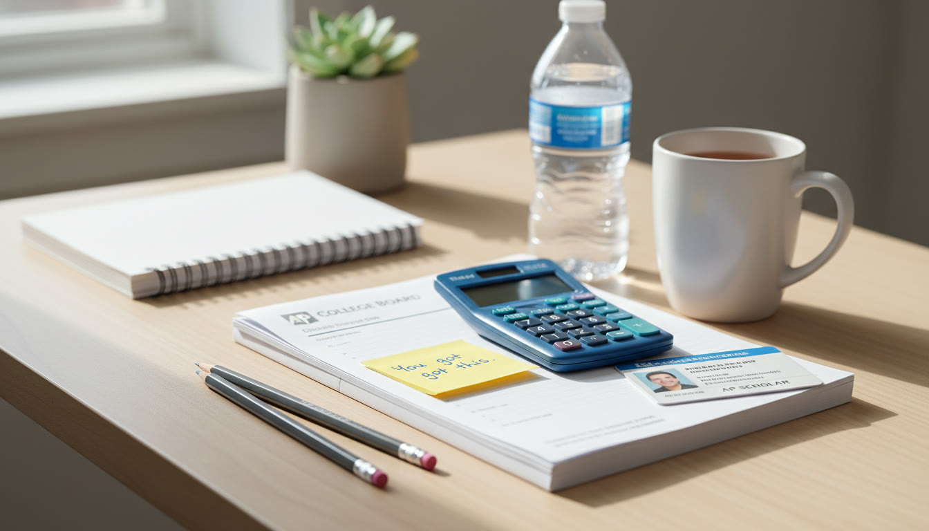 Photo Idea : A quiet morning desk with neatly arranged materials — pencils, approved calculator, water bottle, ID card, and a small sticky note reading 
