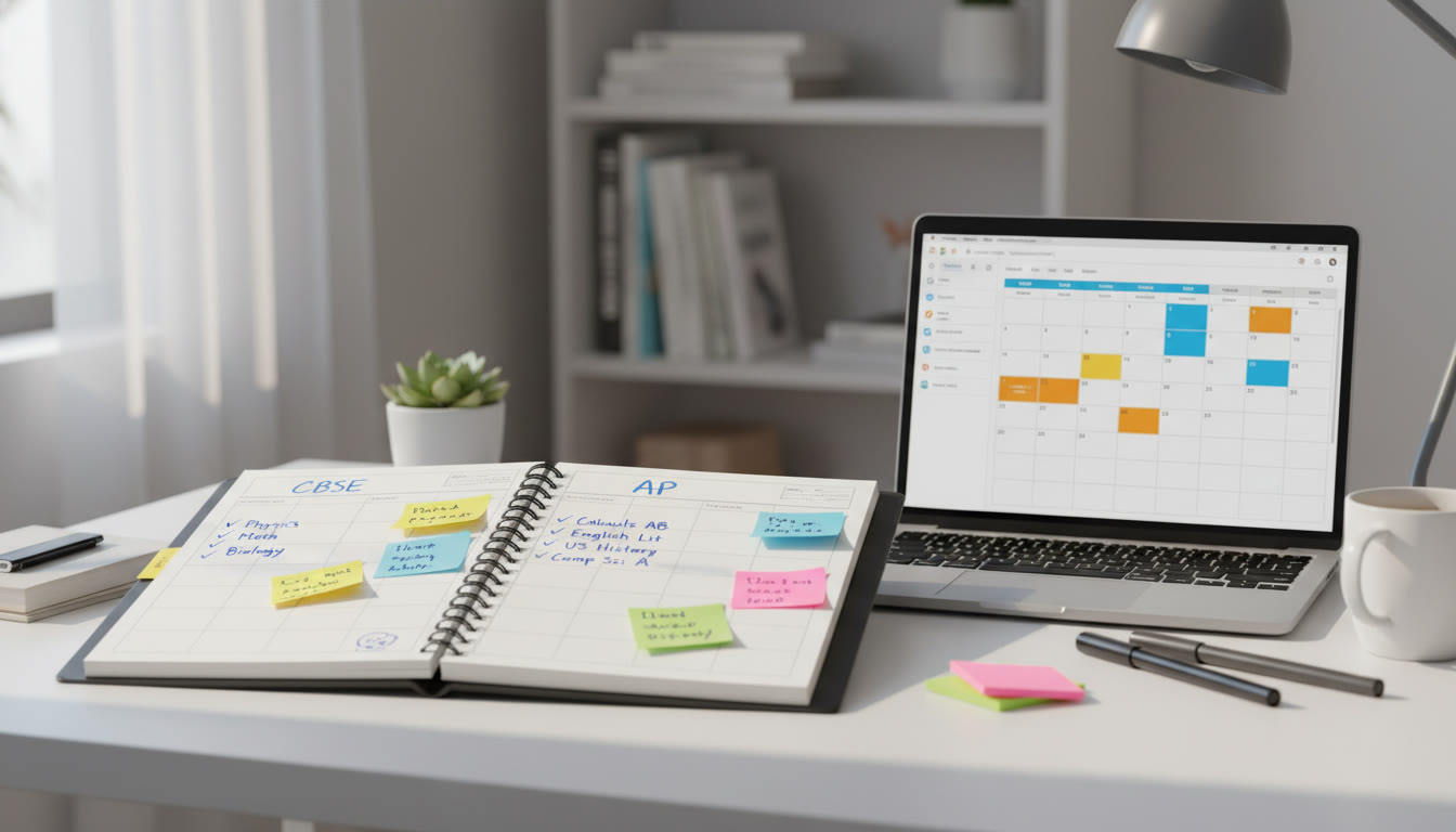 Photo Idea : A bright study desk shot in soft daylight with a paper planner open—one side labeled CBSE and the other AP—colorful sticky notes and a laptop showing a calendar app.