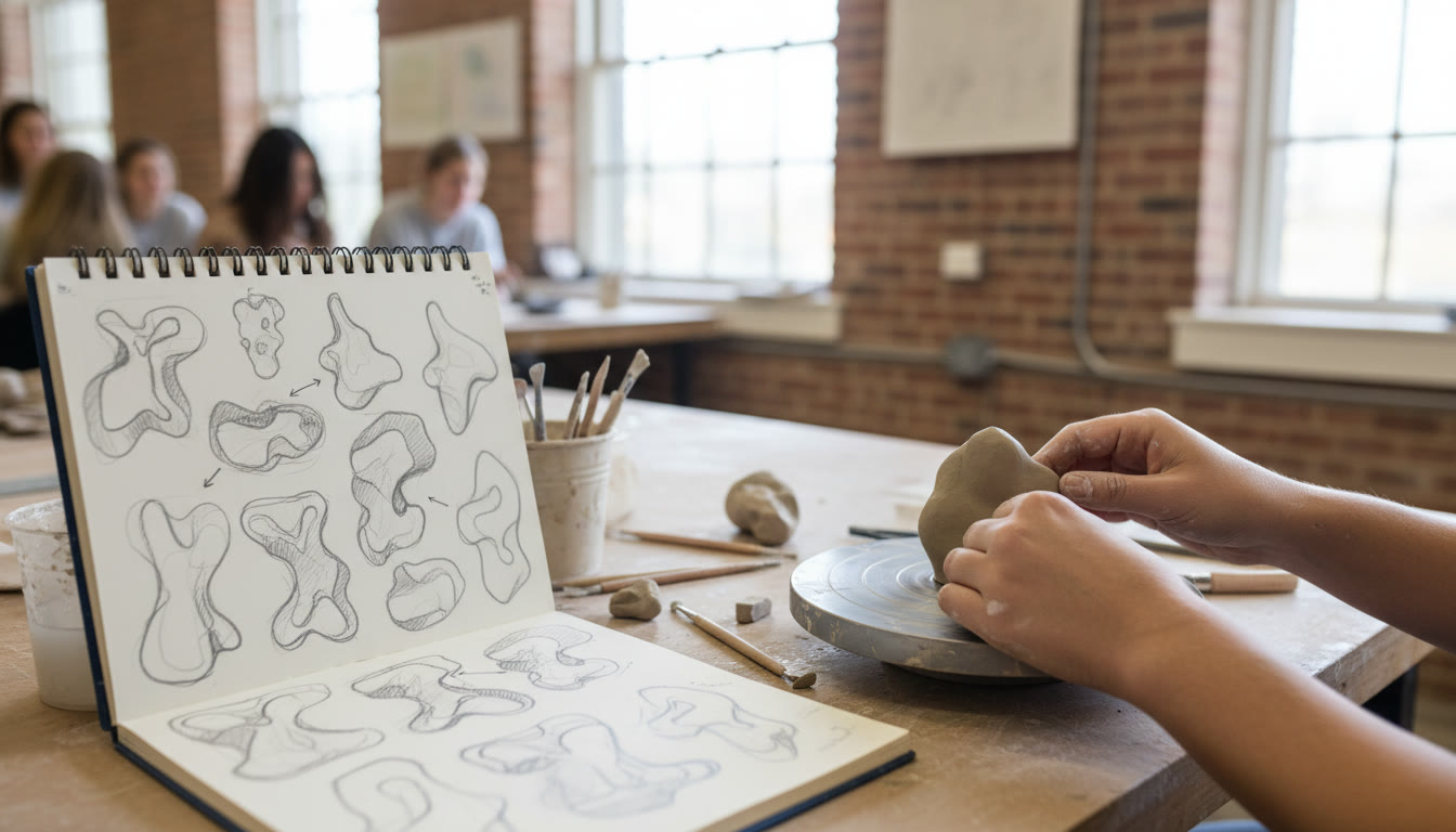 Photo Idea : Close-up of hands working on a clay piece beside a sketchbook with drawn thumbnails — emphasizing the link between drawing ideas and 3-D making.