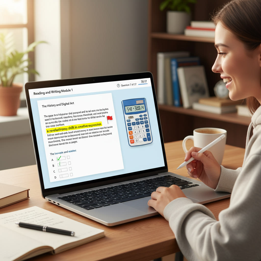 Screenshot-style mockup of a Digital SAT question on a laptop screen, showing a passage, highlighted text, the flag icon, and an on-screen calculator; clean, student-focused layout.