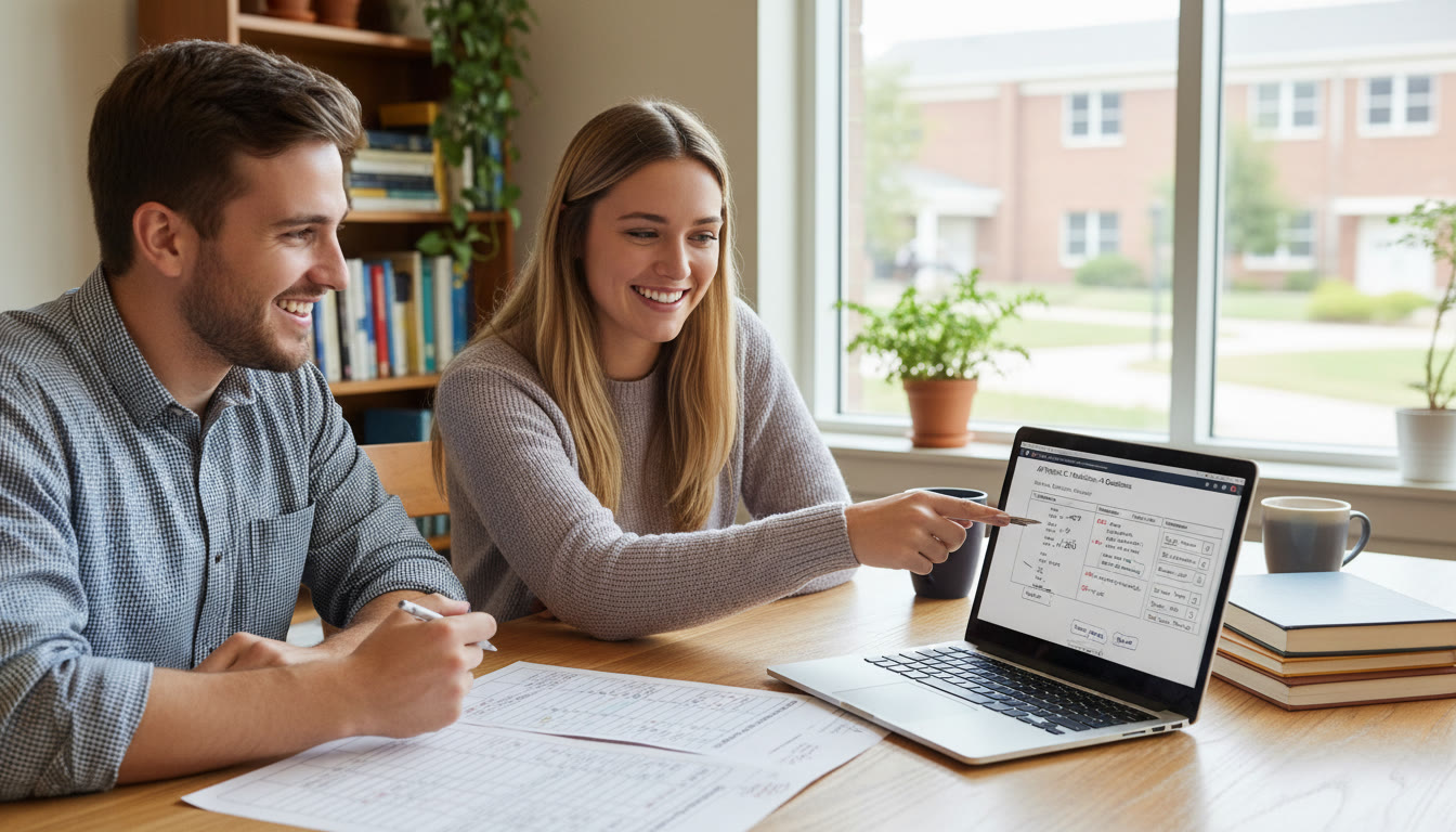 Photo Idea : A student and a tutor (in a comfortable study space) reviewing a printed tracking sheet and a laptop with annotated practice questions. The scene should feel collaborative and encouraging.