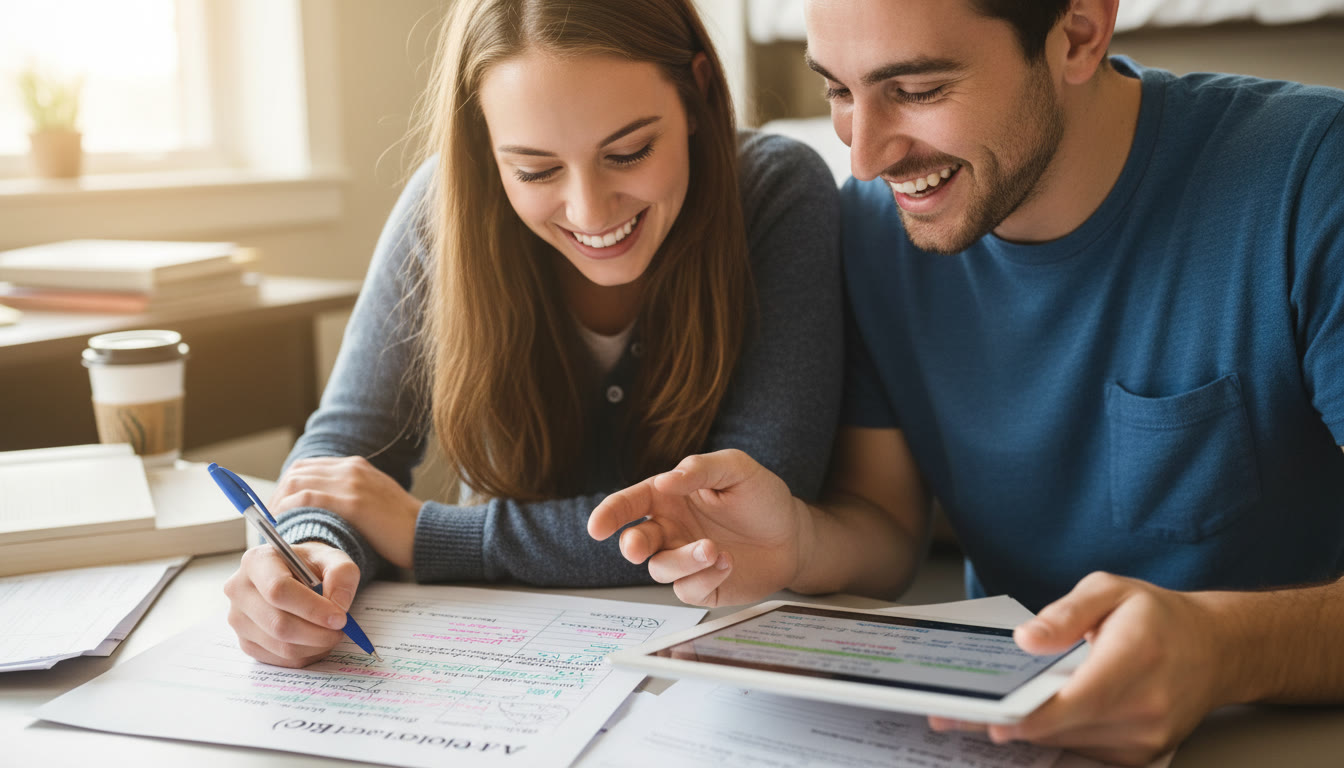 Photo Idea : Close-up of a student and tutor reviewing an FRQ with annotations on paper and a tablet showing practice questions; conveys collaborative, personalized tutoring and focused revision.