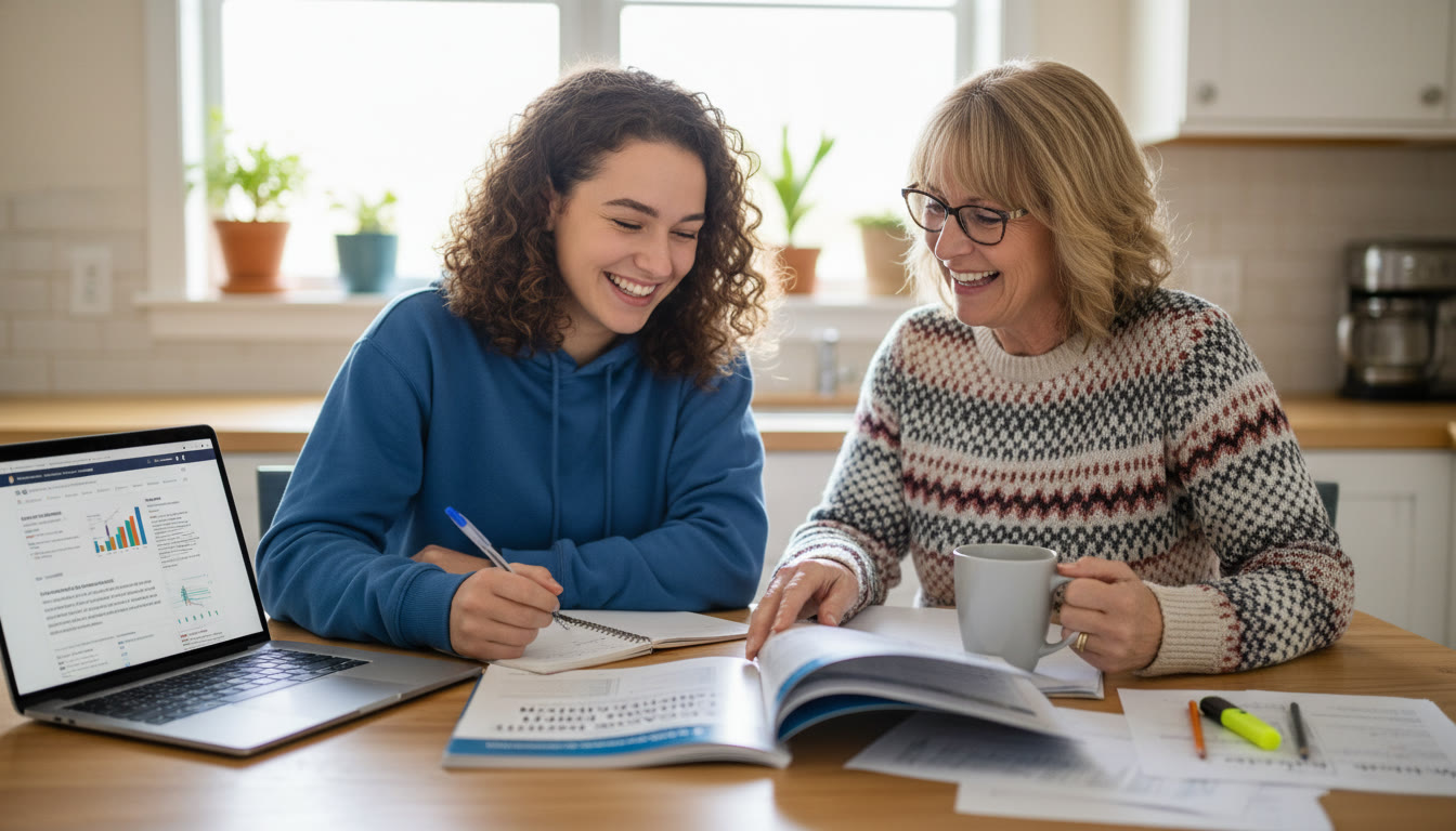 Photo Idea : A bright photo showing a student and a parent sitting at a kitchen table reviewing a college credit transfer guide and a laptop, smiling and taking notes.