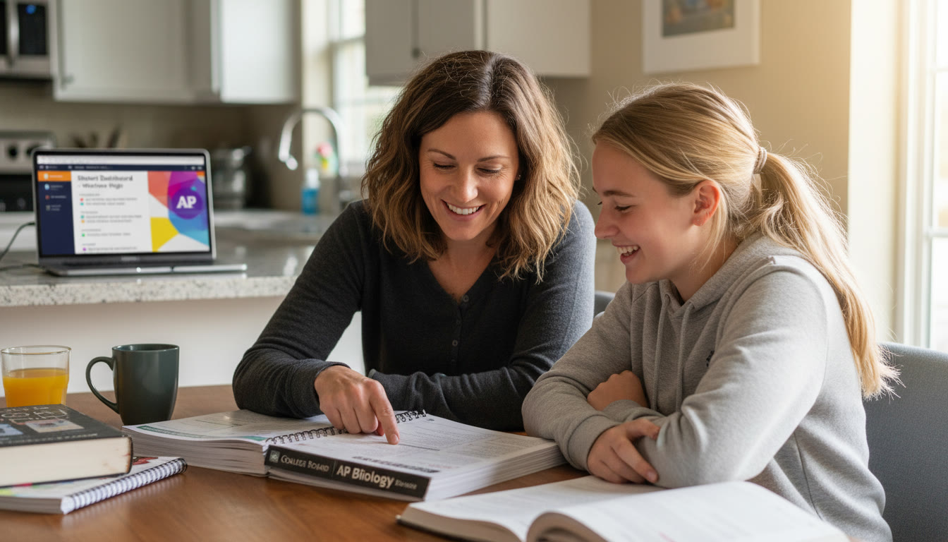 Photo Idea : A candid shot of a parent and high school student reviewing an AP study guide together at the kitchen table, warm afternoon light, laptop open with a school portal visible in the background.