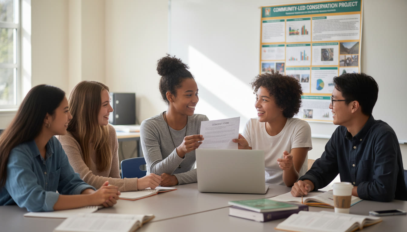Photo Idea : A classroom scene with a small group of high school students gathered around a laptop and a research poster, one student discussing consent forms with classmates. Bright, candid, collaborative mood.