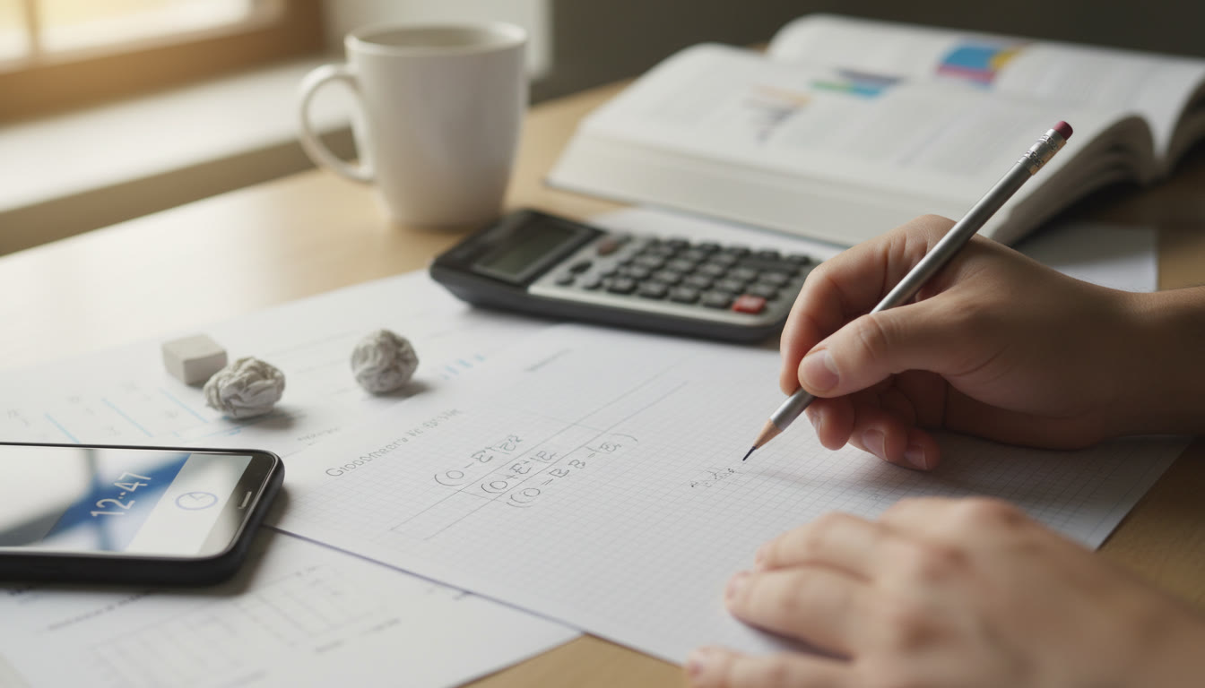 Photo Idea : Close-up of a student working a chi-square problem on graph paper with a timer app visible—conveys focused test prep and strategic practice.