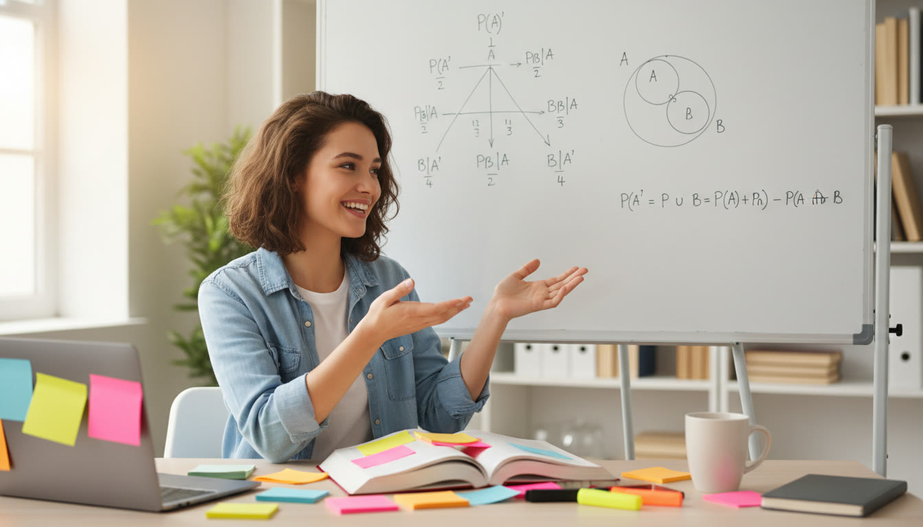 Photo Idea : A student at a desk with colored sticky notes and a whiteboard behind them showing simple probability trees and complements — bright, focused, and studious.