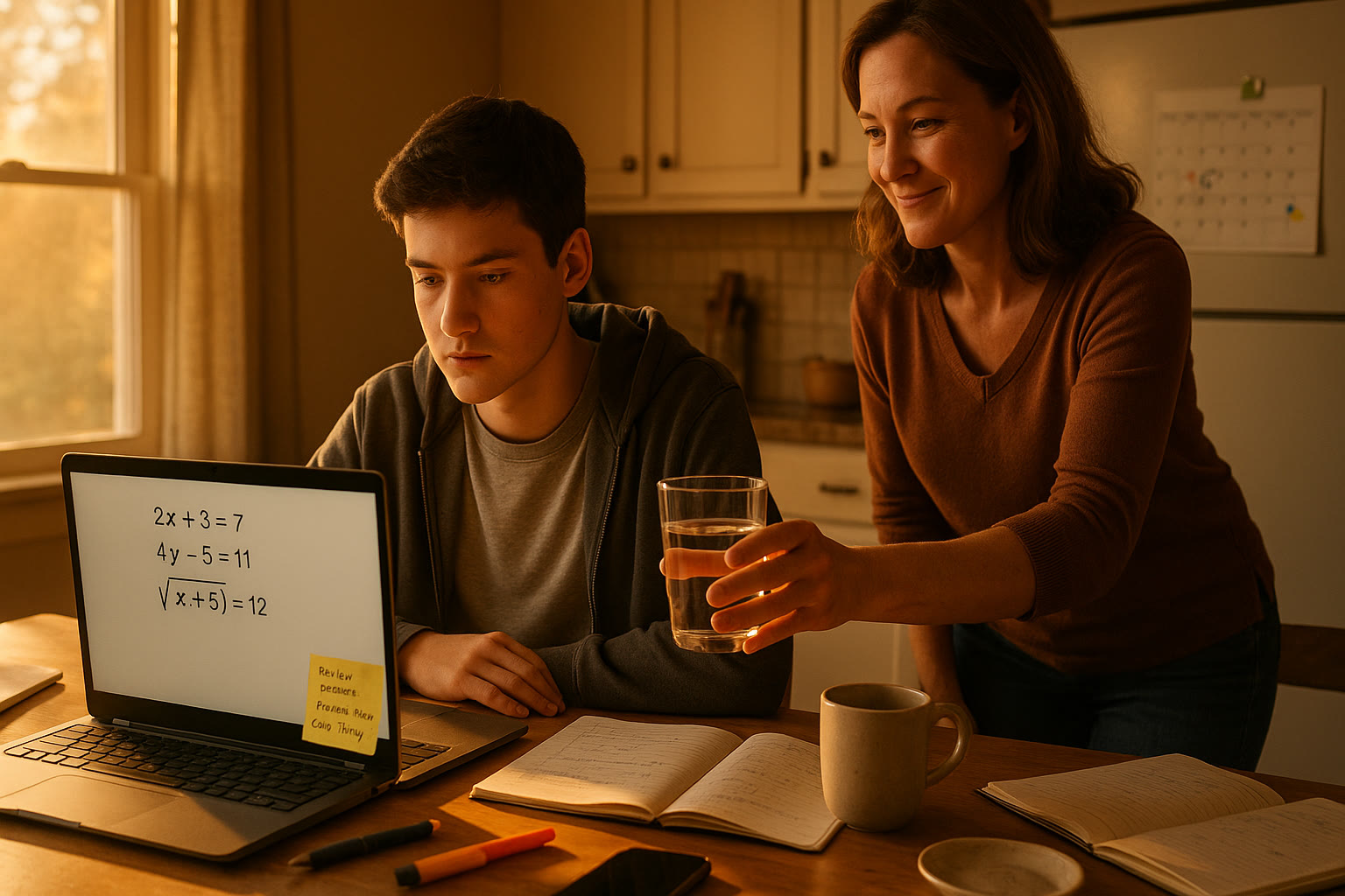 Photo Idea : A family kitchen table at sunset—teen doing practice problems on a laptop with a parent nearby offering a glass of water; notebooks, a calendar, and a sticky-note study plan are visible.