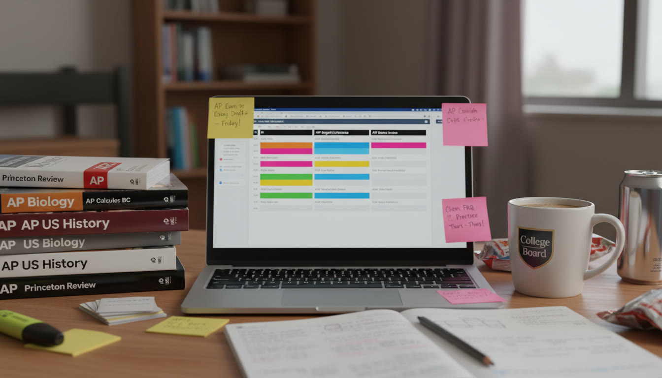 Photo Idea : Close-up of a student’s desk with AP prep materials, an open laptop showing a study timetable, sticky notes with deadlines, and a cup of coffee — illustrates focused preparation and the actionable planning students need to convert AP results into credit.