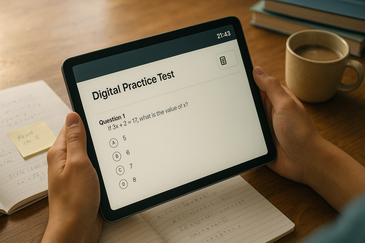 Photo Idea : A close-up image of a student's hands holding a tablet with a digital practice SAT screen visible, next to notes and a cup of coffee. This suggests modern, focused test prep and appears near the section about the digital SAT experience.