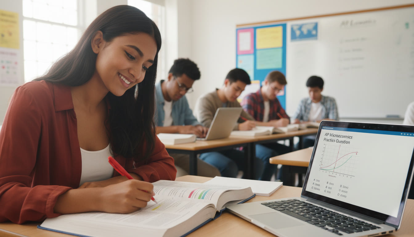 Photo Idea : A top-of-page classroom scene with a student annotating an economics textbook and a laptop open to an AP-style practice question—suggests the blend of CBSE and AP study methods.