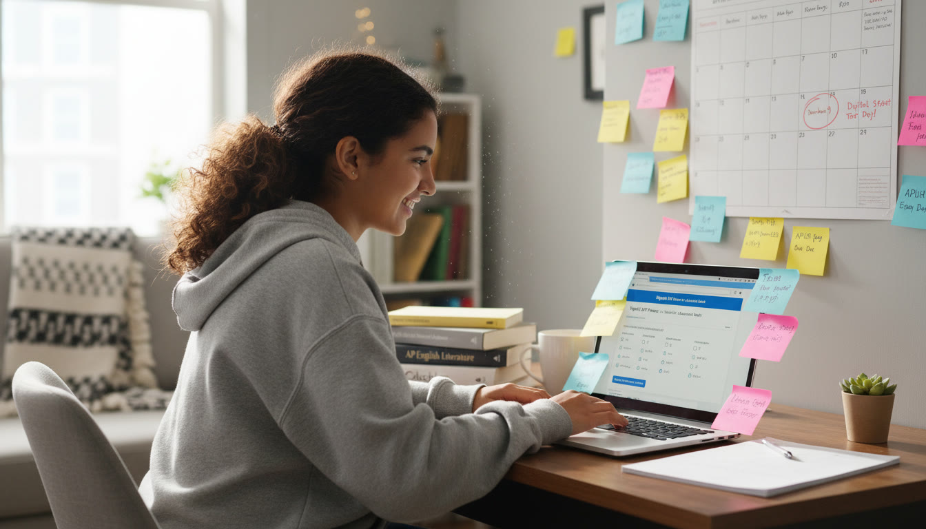 Photo Idea : A bright, candid photo of a high school student studying at a desk with a laptop open to practice Digital SAT questions, sticky notes, and a calendar with important dates circled.