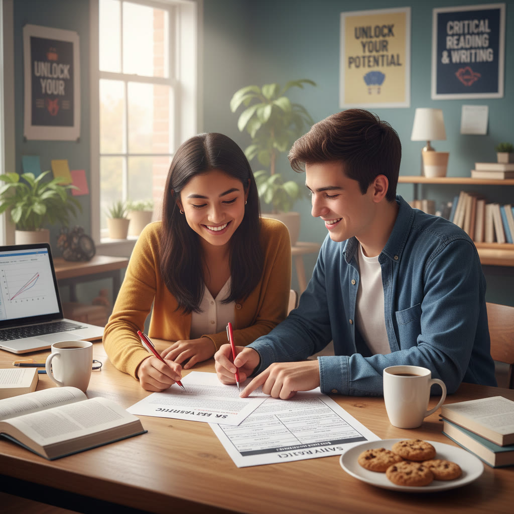 Photo idea: a tutor and student reviewing a printed essay together, red pen in hand, with a rubric visible—illustrating personalized feedback and mentorship.